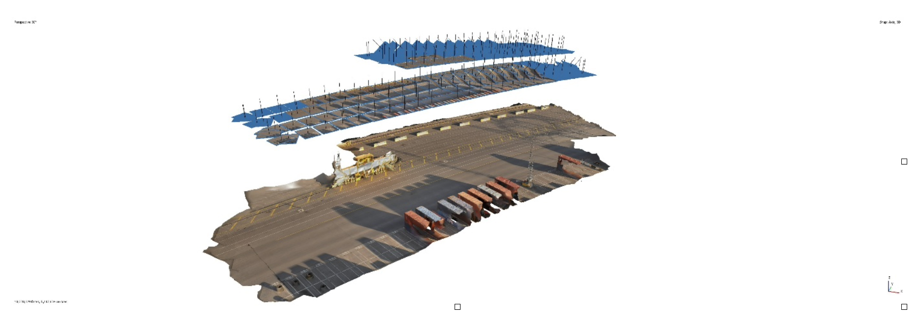 3D aerial view of an industrial site featuring rows of parked trucks, an adjacent warehouse with a blue roof, and surrounding infrastructure