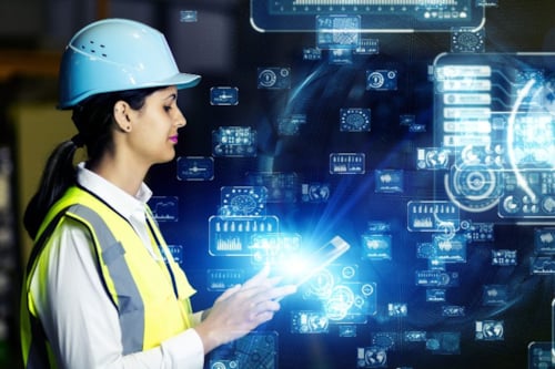 woman with futuristic data symbols coming out of her cellphone