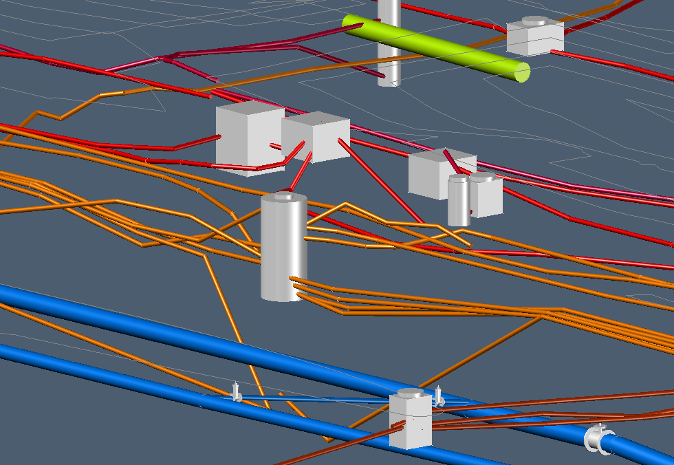 3D model of an underground utility network featuring colored pipes and cables, including red, orange, blue, and green elements, with structural components on a dark background