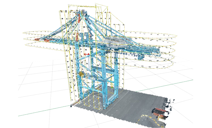 Digital 3D model of a large crane, showcasing detailed structural elements and engineering design, positioned over a marked platform with shadow effects