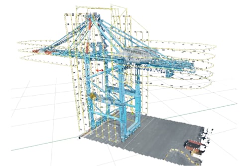 Digital 3D model of a large crane, showcasing detailed structural elements and engineering design, positioned over a marked platform with shadow effects