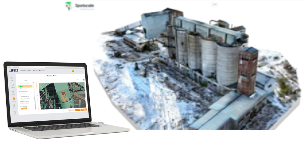 Laptop displaying iSPECT software next to an aerial view of an industrial building with silos, surrounded by a snowy landscape