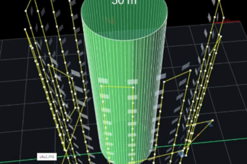 3D graphic of a green cylinder labeled "50 m" with surrounding grid lines and measurements on a dark background, illustrating spatial dimensions and modeling concepts