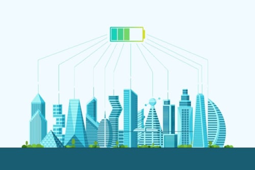 Graphic depiction of a metropolis all being powered by a singular battery, and operating effeciently