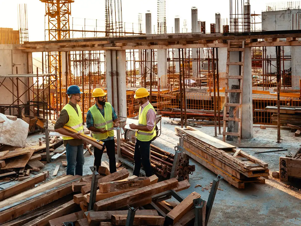 Construction site with three Kiwa safety inspectors in safety gear discussing plans amidst scaffolding and building materials at sunset