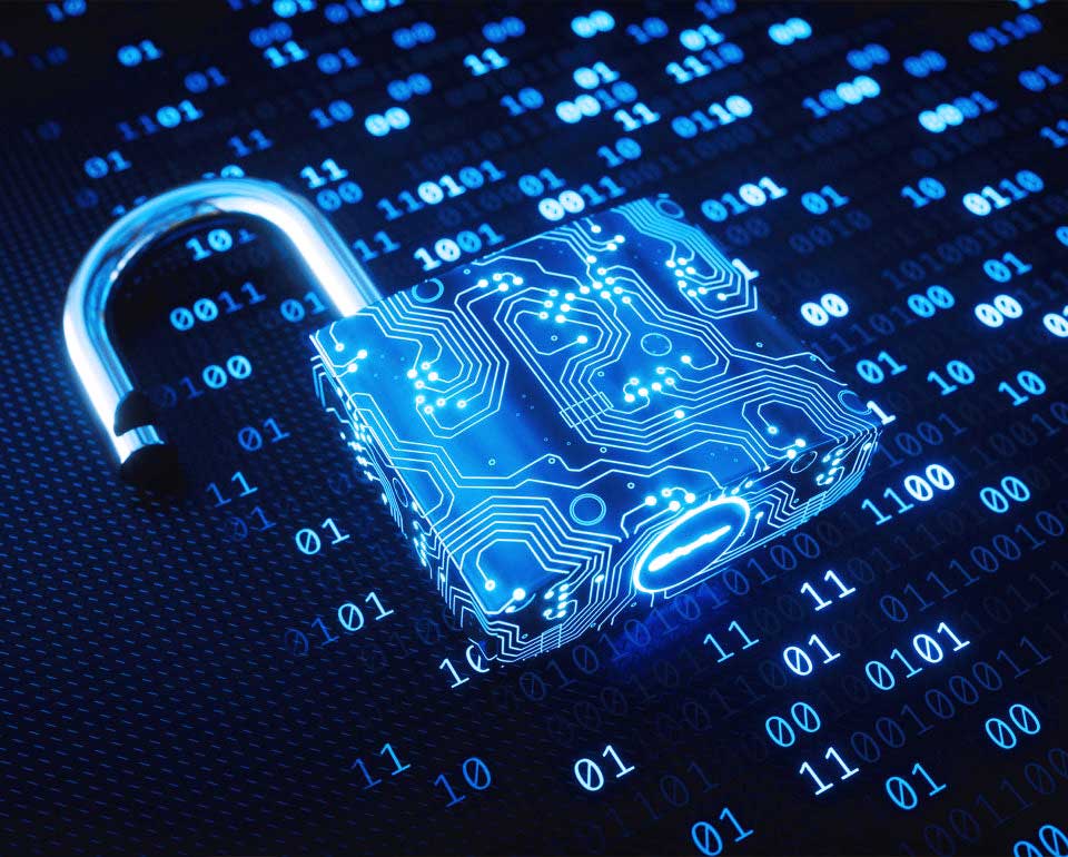 Open digital padlock with circuit board design surrounded by binary code, symbolizing cybersecurity and data protection