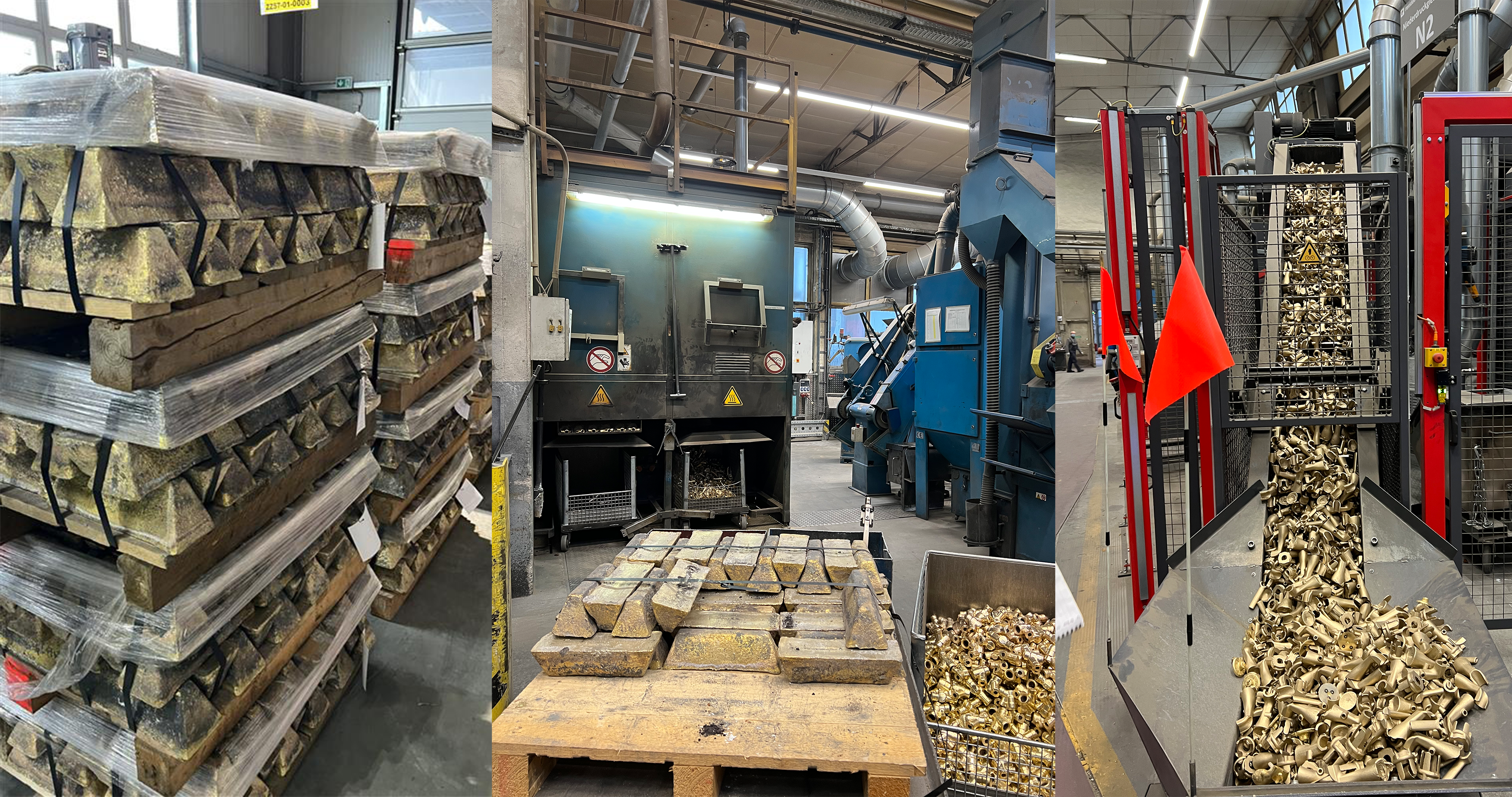 Stacks of metal ingots on pallets, a metal processing facility with machinery, and a conveyor belt transporting metallic components in a manufacturing plant