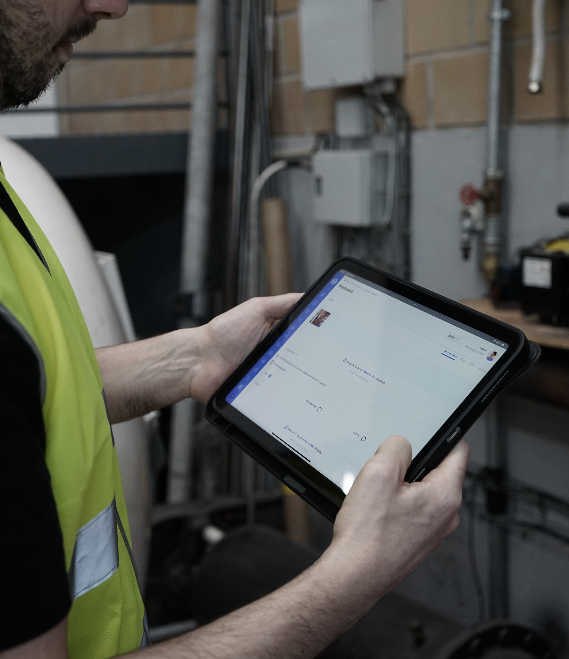 Worker in a high-visibility vest using a tablet for data input in an industrial setting