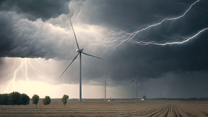 Kiwa inspected wind turbines in a field under a stormy sky with lightning bolts striking in the background