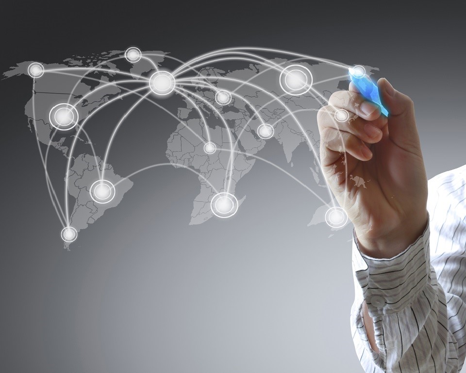 Worldmap with countries connected throught telocom 