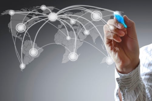 Worldmap with countries connected throught telocom